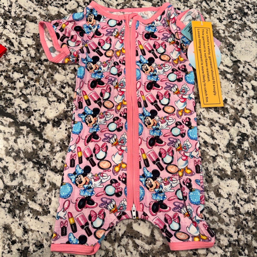 Pink Minnie Mouse Print Footie One-Piece with Front Zipper